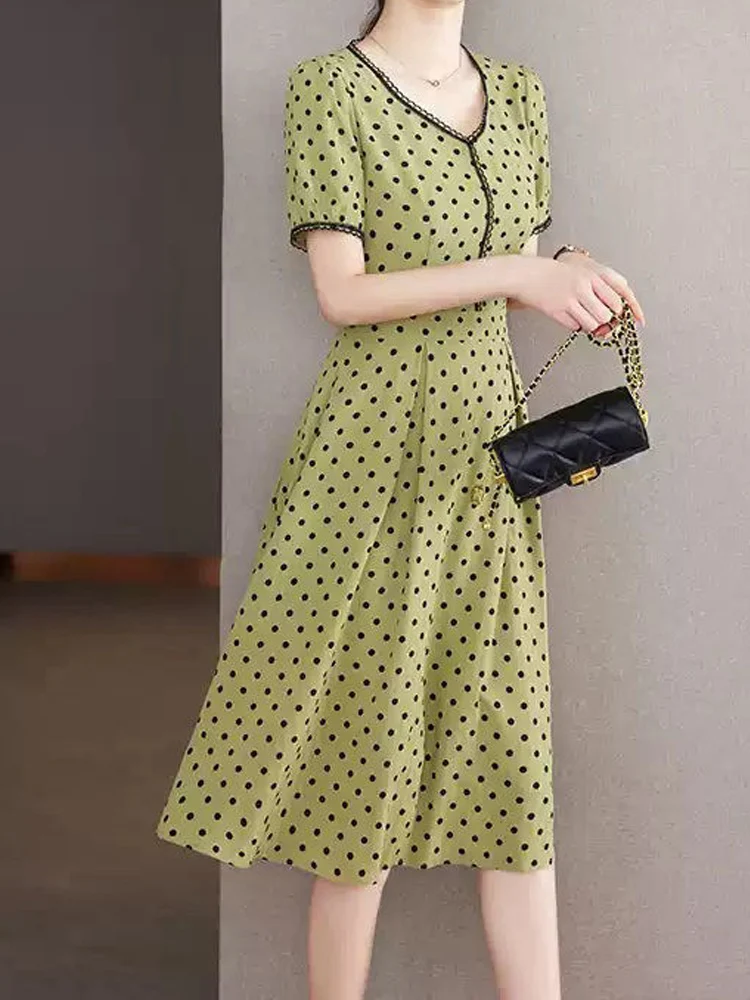 Robe mi-longue élégante pour femmes, tenue de bureau à pois, manches courtes, col en v, manches courtes, classique, assortie avec tout, nouvelle collection été