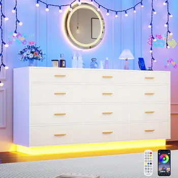 46吋凹槽梳妝台,帶大鏡子和燈,化妝梳妝台,帶玻璃檯面和電源插座,9抽屜梳妝台 8 最佳銷售 抽屜櫃 - №7