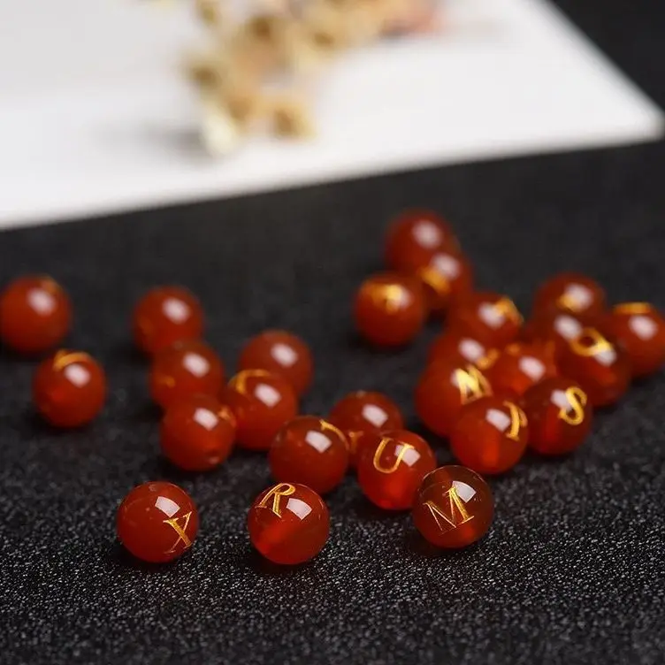 Red Agate Gold Stamped Inscription 26 English Letter Beads