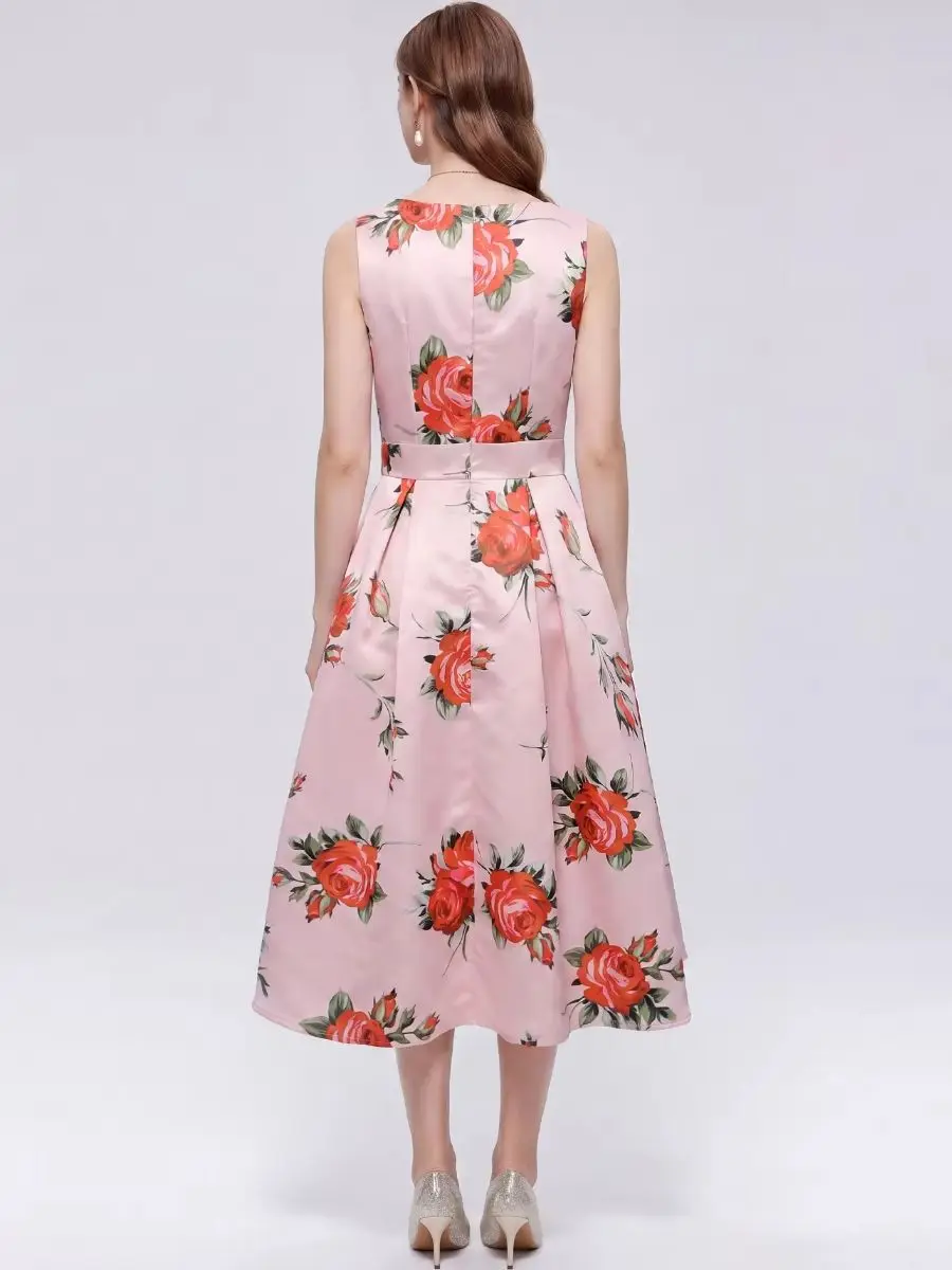 Elegant O-neck Sleeveless Tank Dress For Women Summer Autumn Floral Print Slim Pleated Ball Gown Dresses