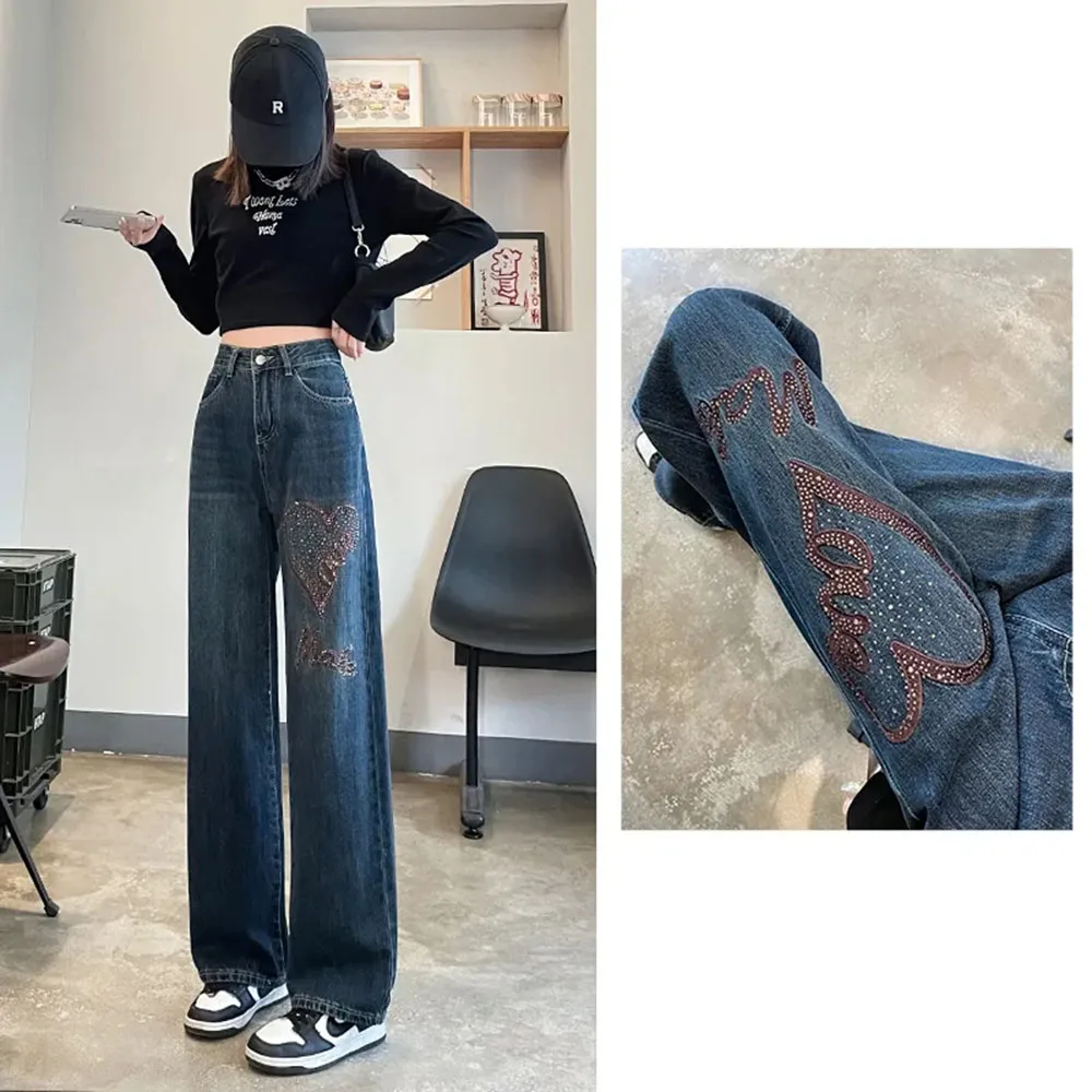 Jean Denim Brodé pour Femme, Baggy Droit, Pantalon Long à Jambes Larges, Mode Streetwear, Nouvelle Collection