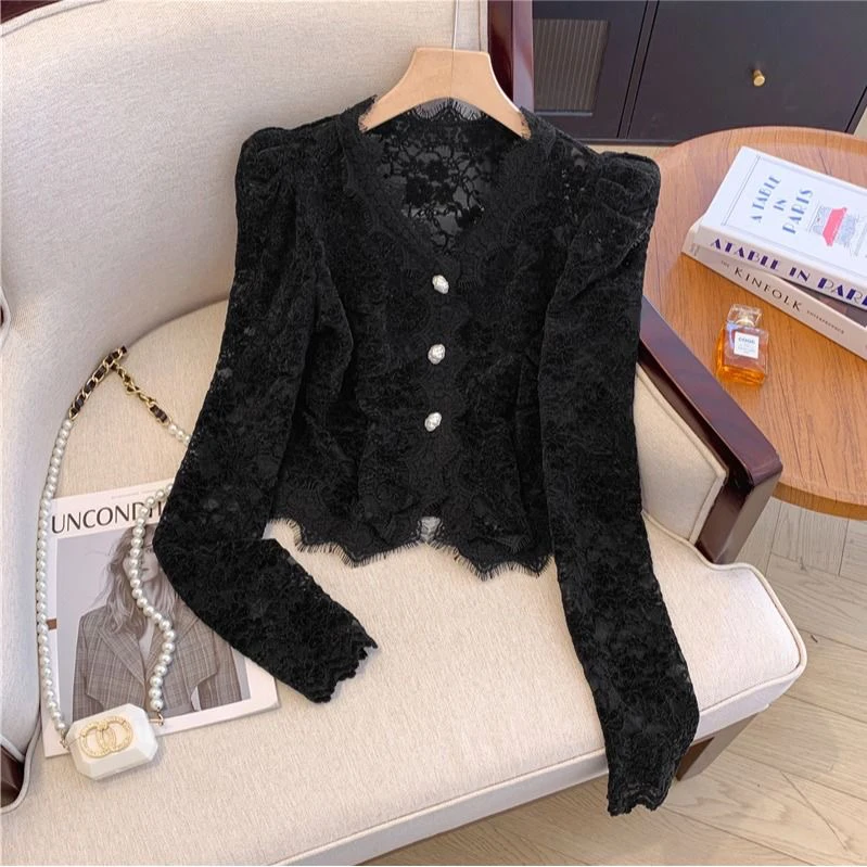 White V-Neck Lace Hook Hollow out Slimming Base Shirt Women's Fashion Design Autumn Winter Short Sleeve Long Sleeve Top