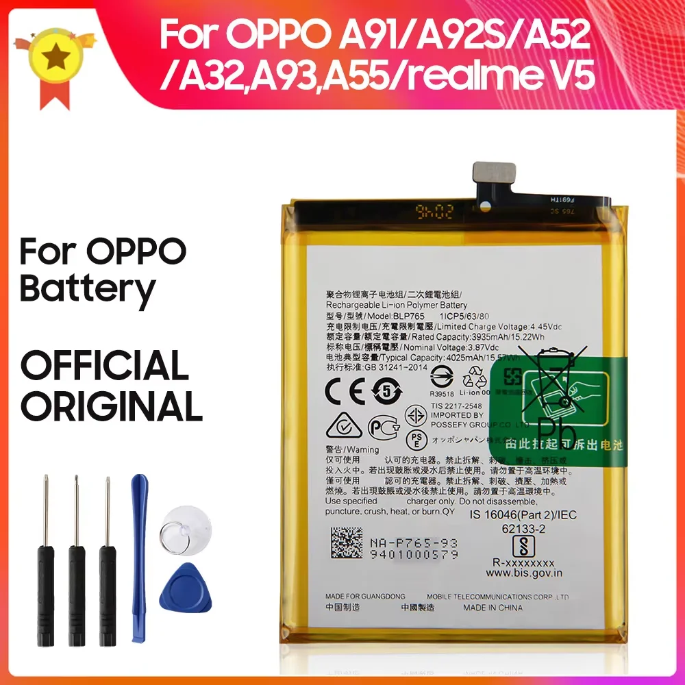 

Replacement Battery BLP765 BLP807 BLP779 BLP805 BLP781 For OPPO Realme V5 A32 A52 A55 A91 A92S A93 Phone Batteries With Tool