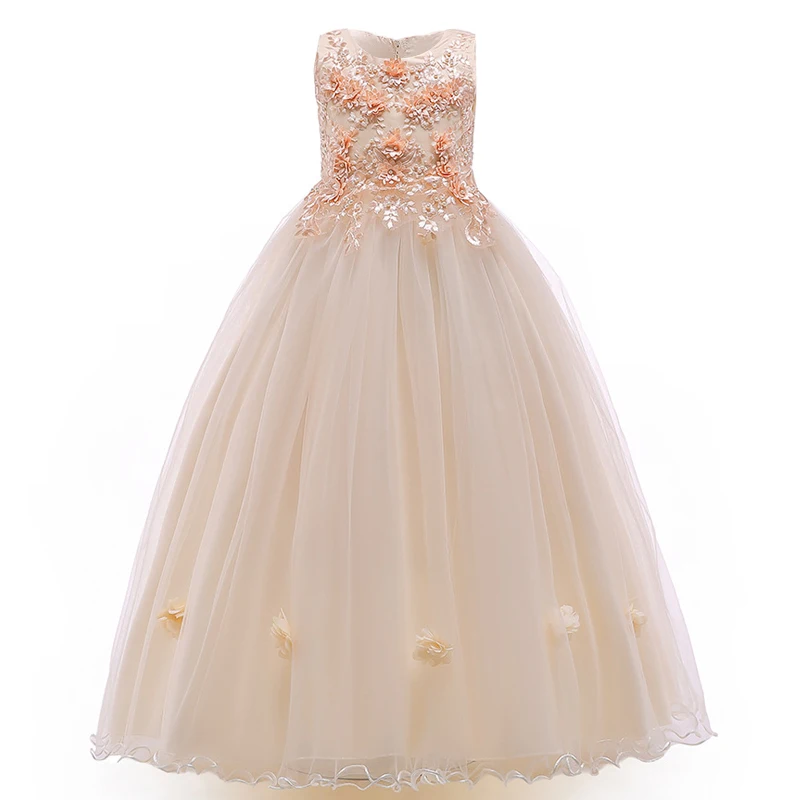 Long Pageant Formal Evening Dresses For Girls Children Lace Bridesmaid Prom Gowns Tulle Flower Girl Birthday Wedding Party Dress