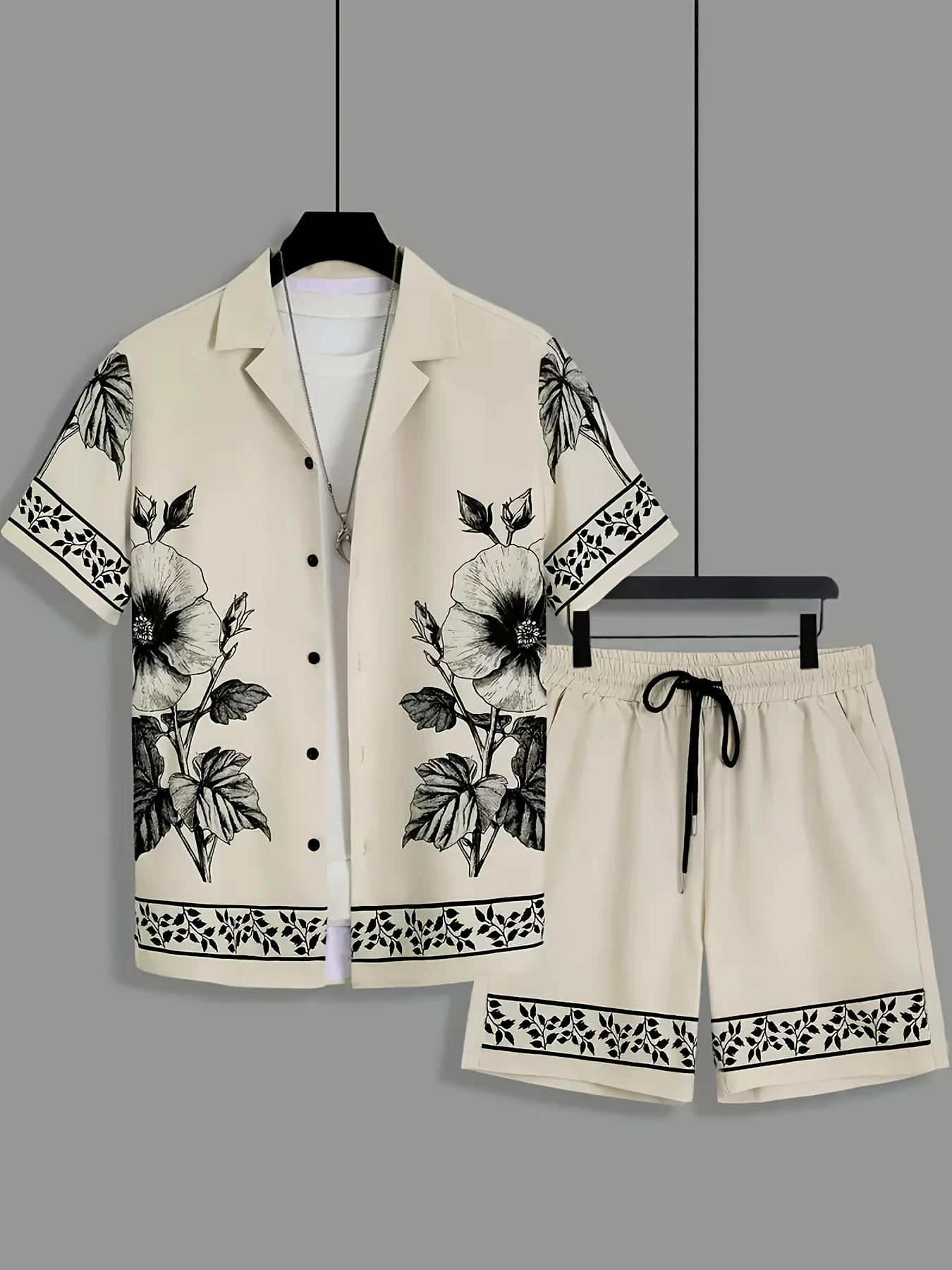 Men Loose Two‑Piece Set Sketch Floral Border Print Shirt Drawstring Printed Short Pant Daily Leisure Outfit