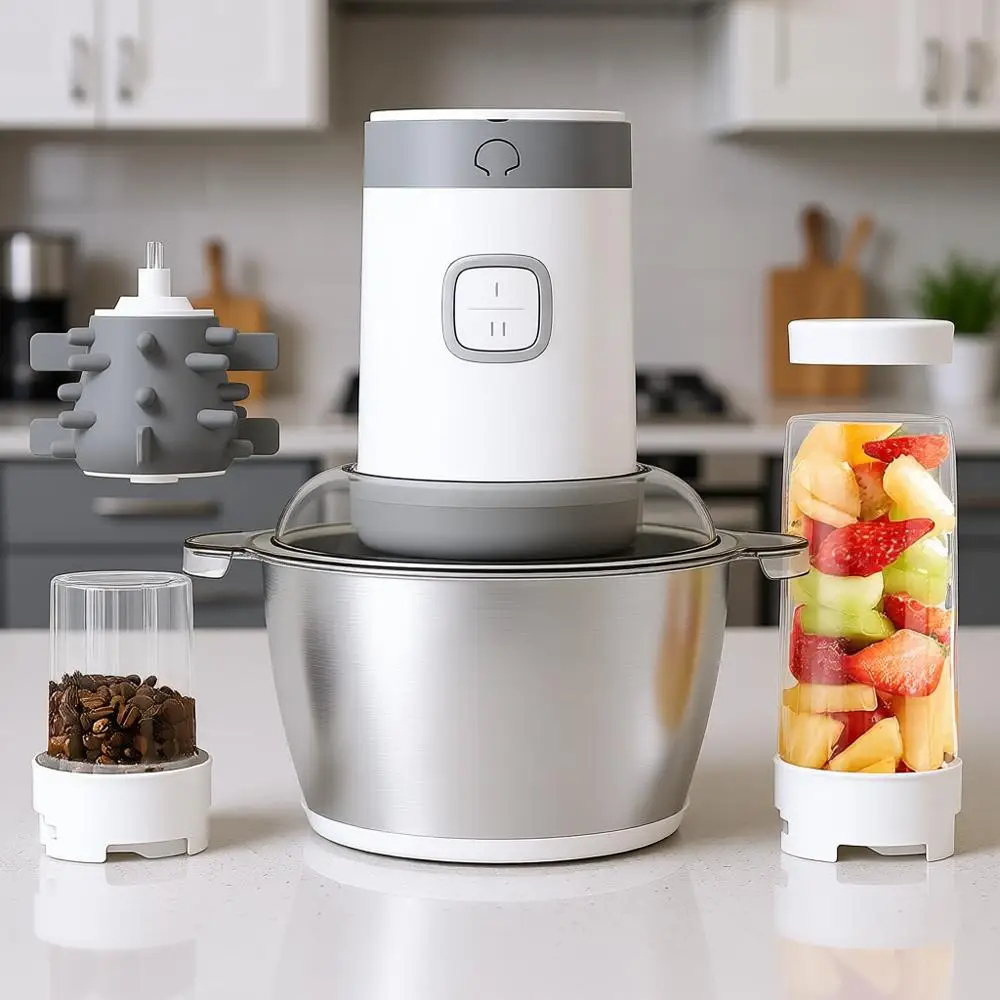 

4 in 1 Food Grinder and Meat Coffee, Peeling Garlic & Juicing, 350W Food Chopper with 1.8L Stainless Steel Bowl & 2 Cups, 2 Spee