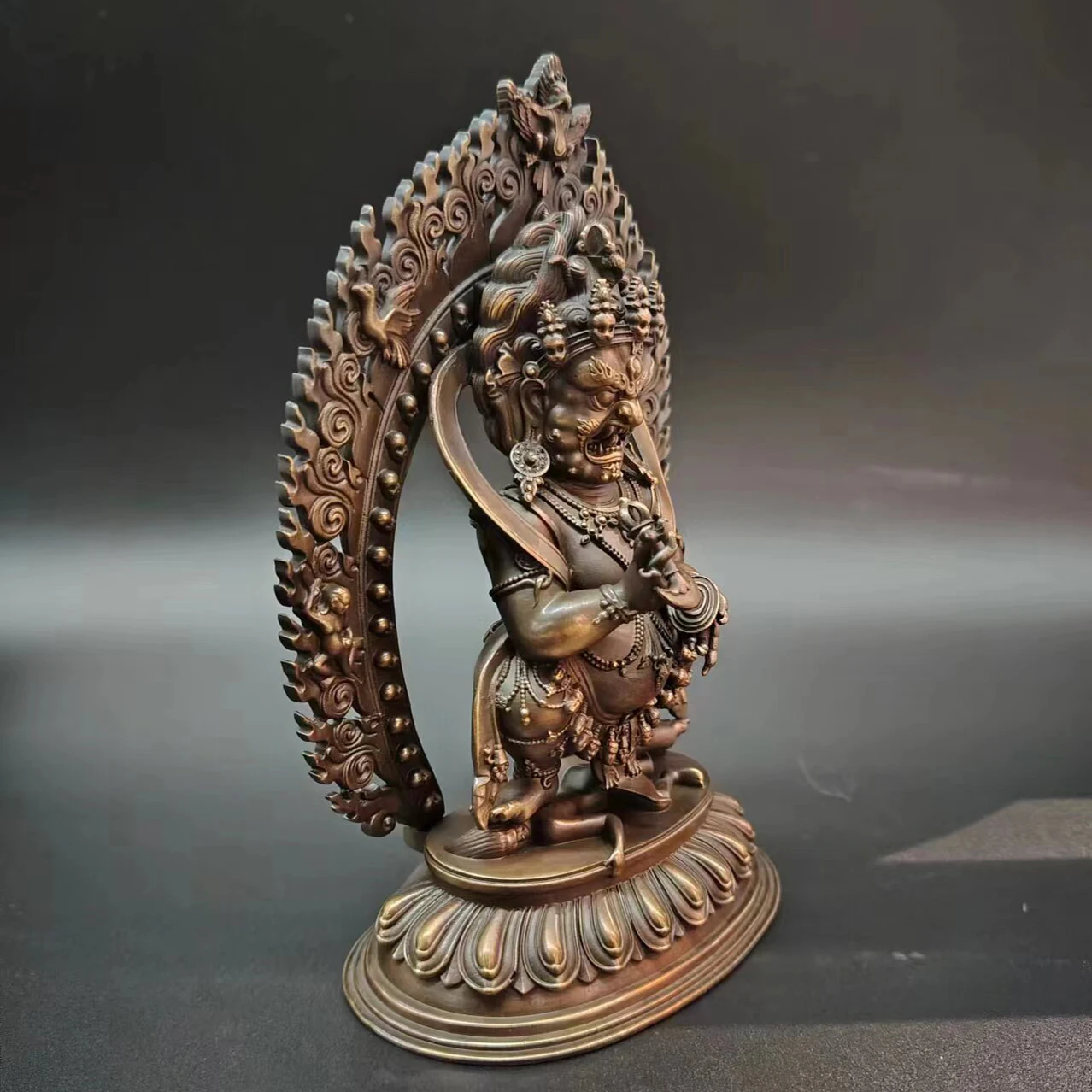 Antique Copper Tibetan Two-Arm Mahakala Protector Statue 17.5cm Indoor Home Decor Fillable Blessing