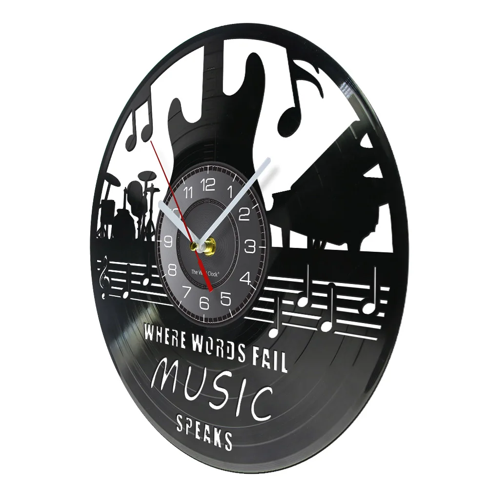 Where Words Fail Music Speaks Musical Quote Wall Art Vinyl Record Wall Clock Guitar Decorative LP Clock Rock n Roll Music Gift