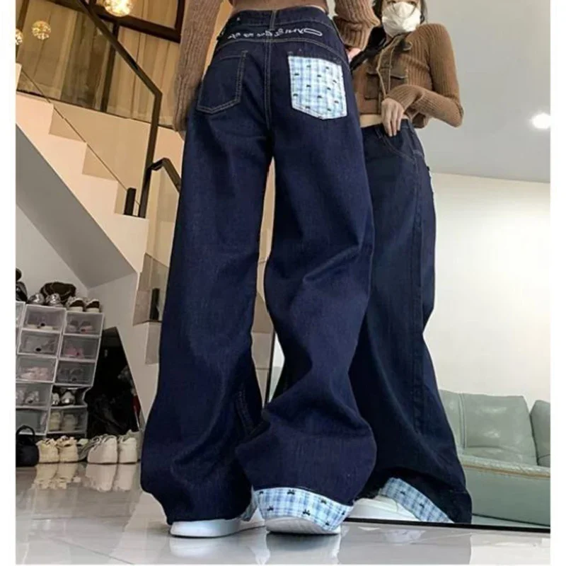 

Шикарные широкие джинсы в клетку с бантом для девочек, женские свободные джинсовые брюки с высокой талией в стиле ретро, женские корейские повседневные тонкие брюки