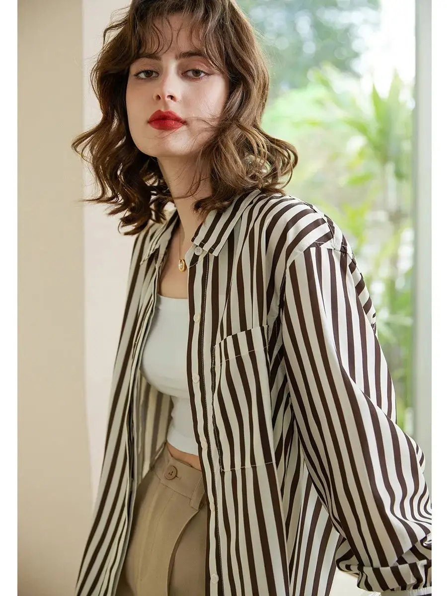 LOUIS YAO Women Turn Down Collar Blouse 2024 Spring Striped Shirt Loose Fit Fashion Casual Long Shirt Top