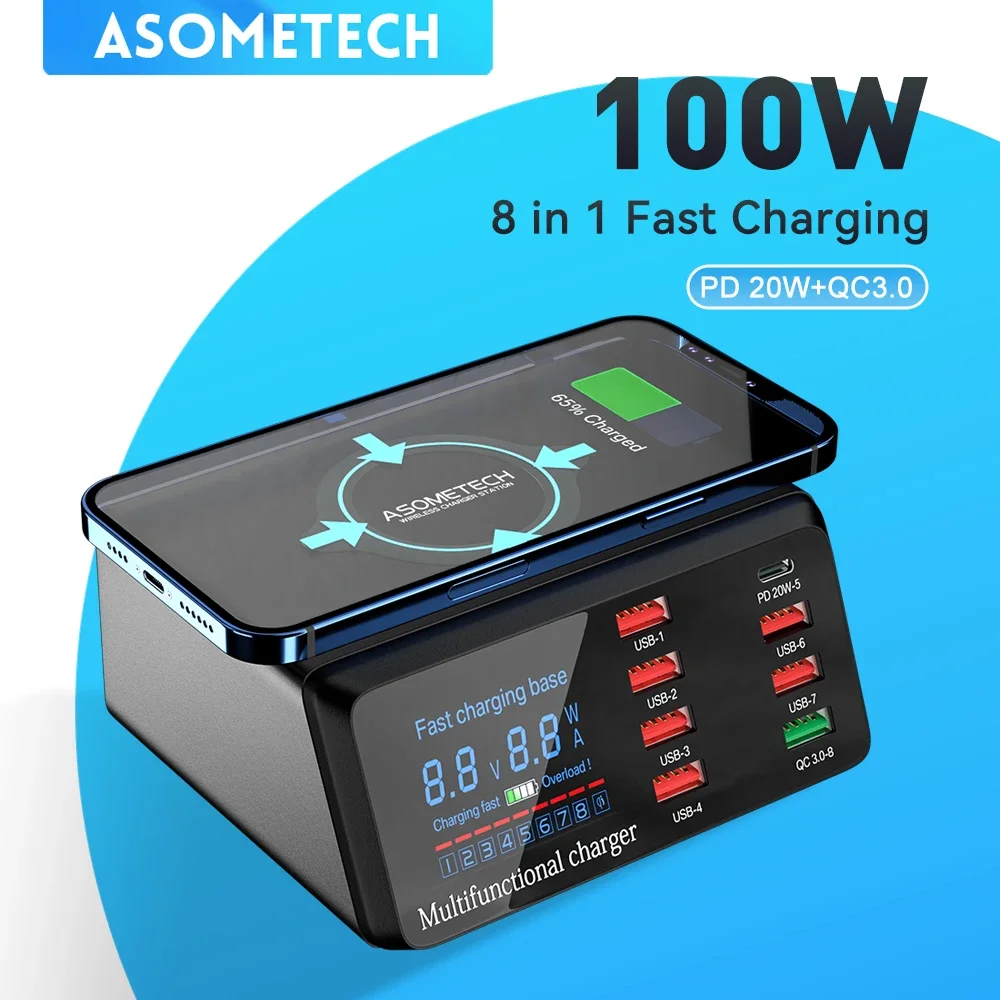 100W Multi USB Charger HUB Quick Charge 3 Type C PD Fast Charger Wireless Charger USB Charging Station For iPhone 13 12 X Xiaomi