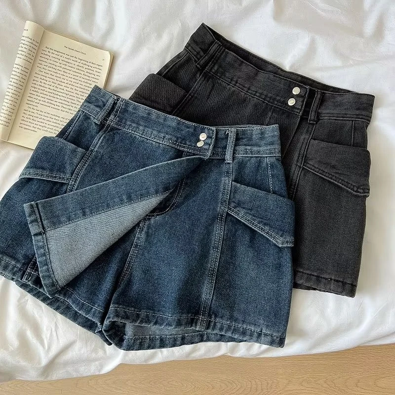High Waisted Denim Shorts 2026 Summer New Loose Casual A-shaped Pantskirt Irregular Design Fashion High Street Jean Shorts Women
