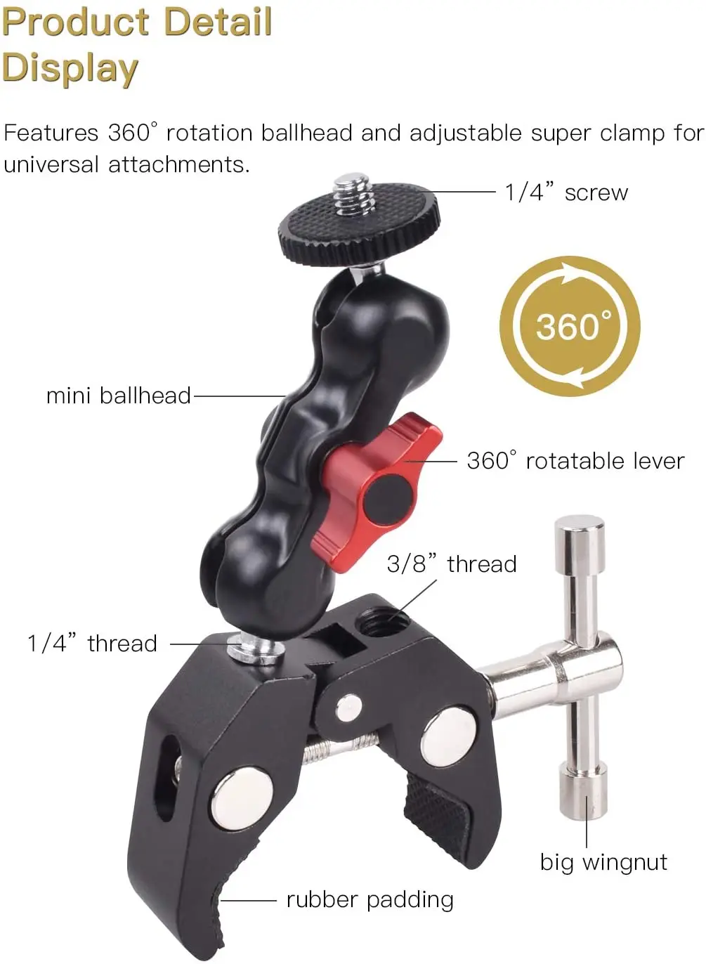 DSLR 카메라/필드 모니터/LED 용 360 ° 볼 헤드 암이있는 새로운 디자인 카메라 마운트 클램프