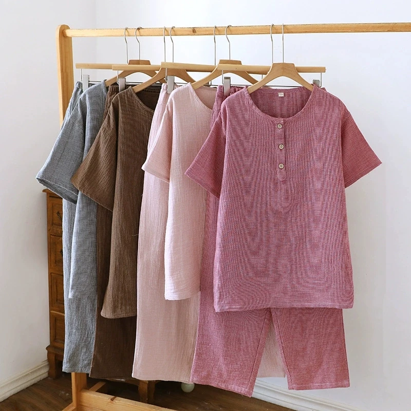 Couple Sleepwear Cotton New Solid Color Summer Pajamas Woman Loose Short Sleeve Night Wear For Ladies Pyjama Set Pijama