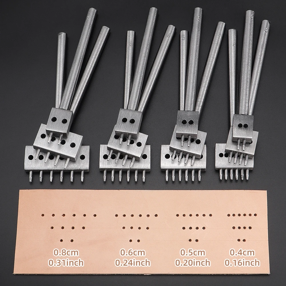 4/5/6/8mm Pitch Row Leather Punch Set, 3 Round Hole Punch Tool(2/4/6 Teeth) & 20 Standby Teeth for DIY Wallet Bag Sewing Crafts