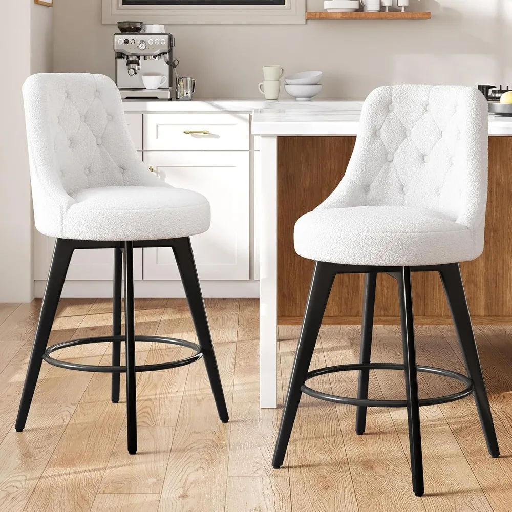 

Modern Bar Stools Set of 2, Boucle Swivel Counter Height Stools with Back, Upholstered Barstools with Wood Legs, 26" Height Sea