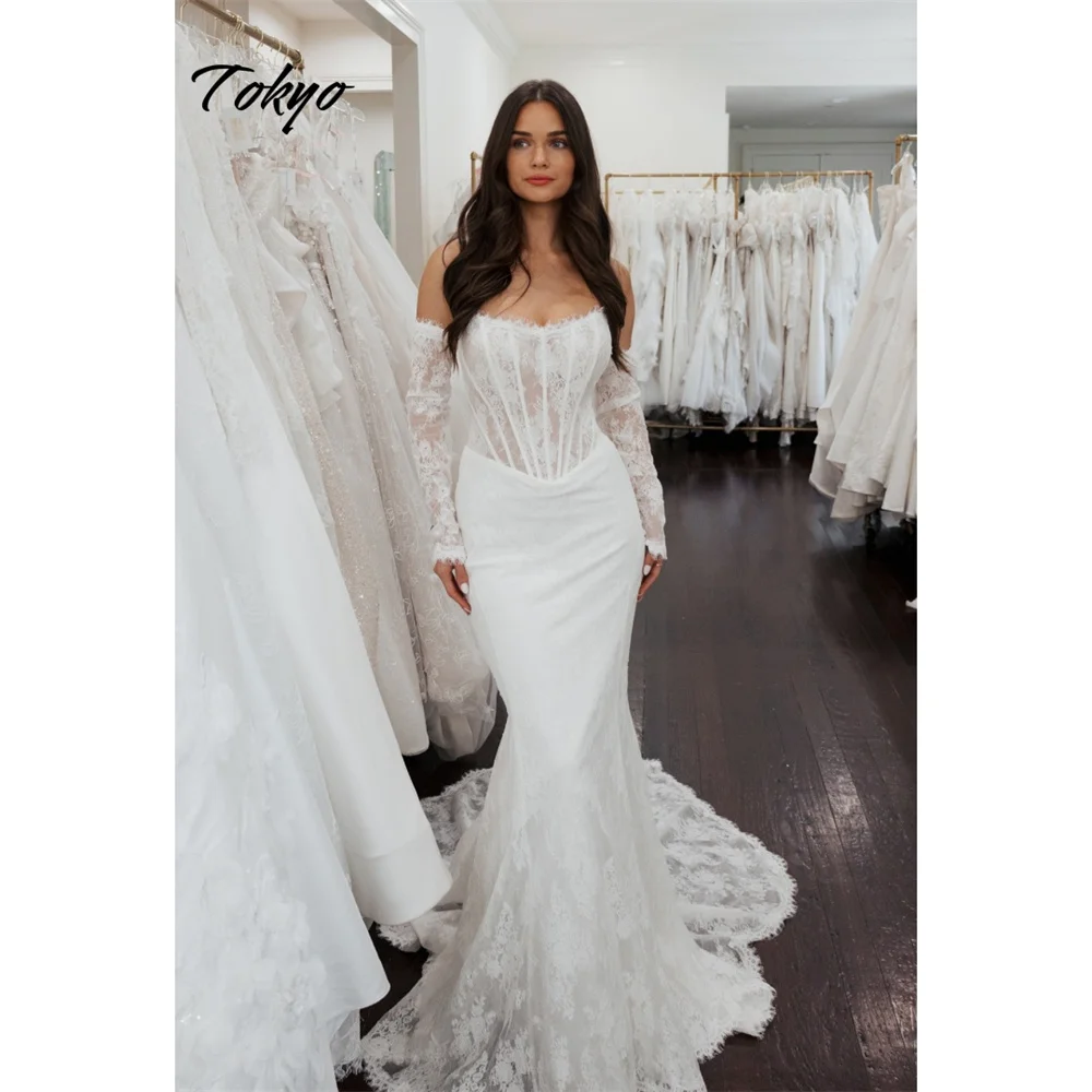 Tokyo Aangepaste Witte Zeemeermin Trouwjurken Strapless Elegante Afneembare Mouwen Bruidsjurken 2025, Hof Trein Bruidsjurken