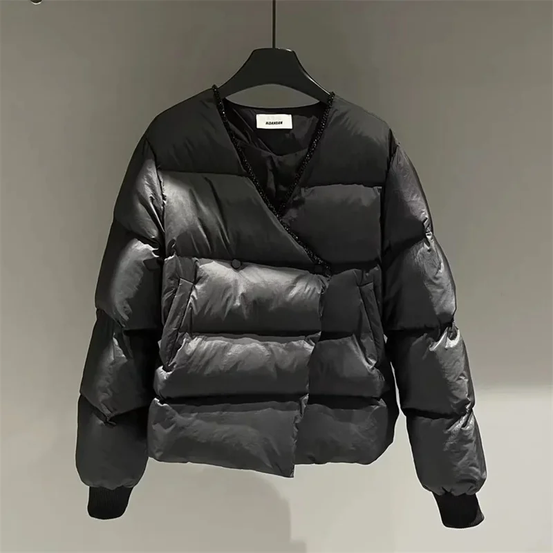 Winter New Fashion Down Cotton Jacket Women Studded V-Neck Warm Bread Outwear Grey Black Cotton-Padded Jackets Coat Female