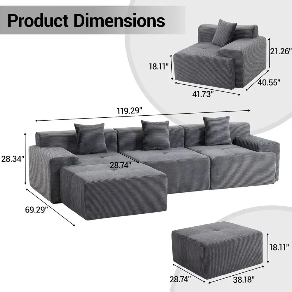 Grey L-Shaped Corduroy Deep Seat Sectional Sofa for Small Spaces, Living Room or Bedroom, Ready to Use