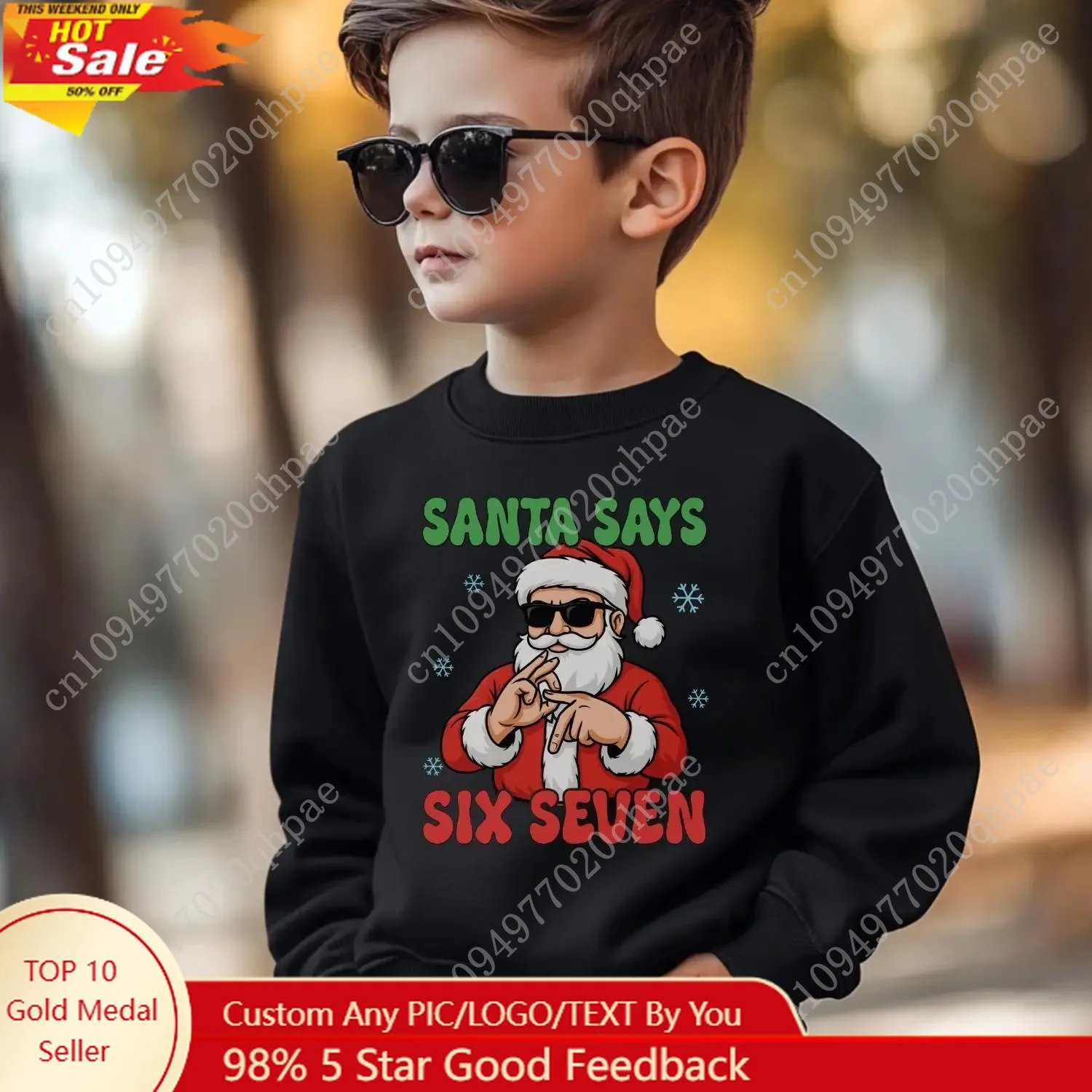 

Kids Fall Winter Top, Soft Round Neck Hoodie with Santa Saying "6 7" Unique Pattern, Versatile Wear for Boys and Girls