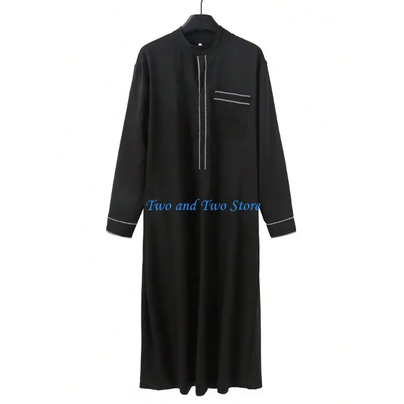 HX6F Stylish Mens Cultural Islamic Thobe Long Sleeve Traditional Embroidered Attires