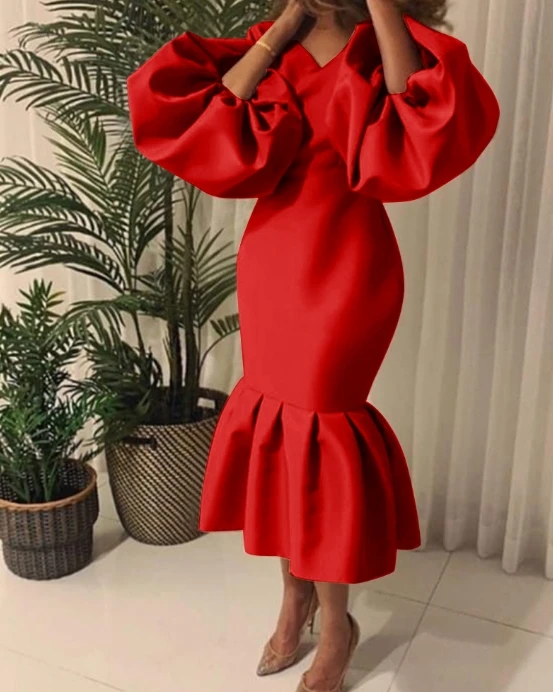 

Urban Style Evening Dress 2024 Spring/summer Medium Length Skirt Fashion Solid Color V-Neck Bubble Long Sleeved Fishtail Skirt