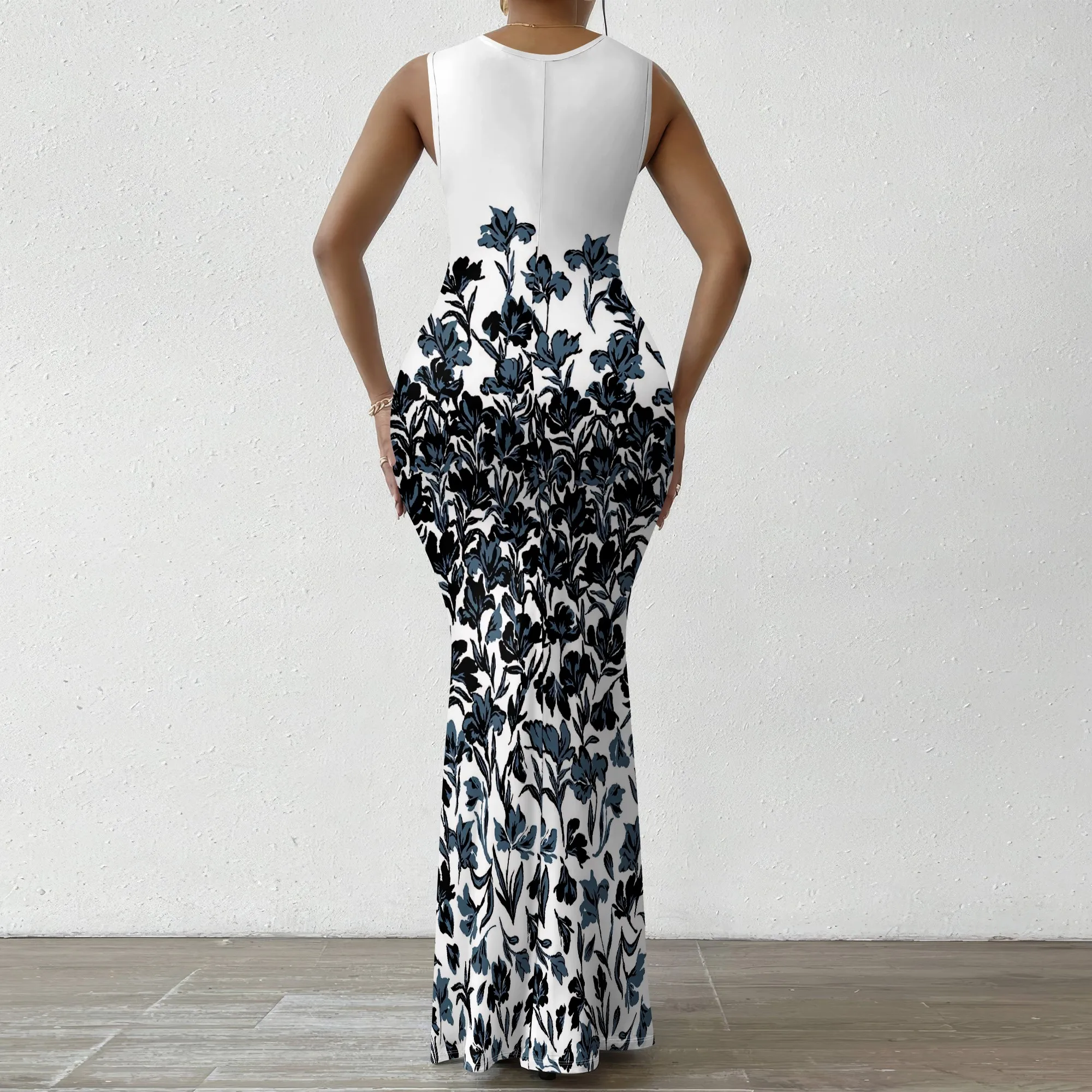 ผู้หญิงคอวีแขนกุด Maxi Dress สีม่วง Sketch พิมพ์ลายดอกไม้ Elegant Bodycon ชุดปาร์ตี้ฤดูร้อน