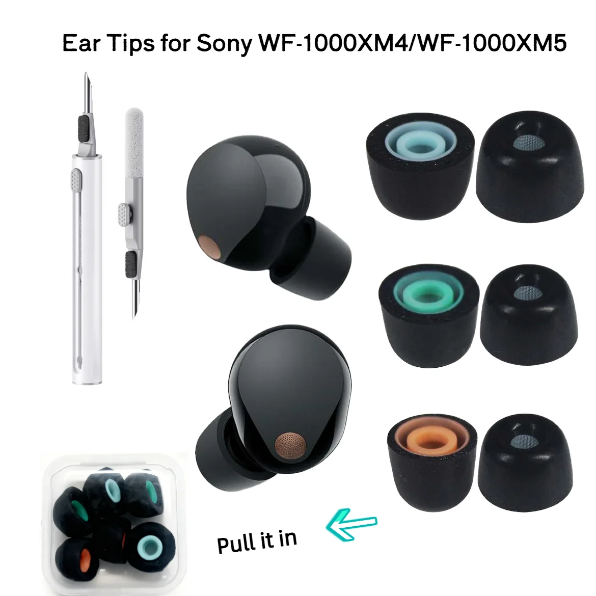 KUTOU  3 Pairs Memory Foam Ear Tips for Sony WF-1000XM5 Earbuds Tips for WF-1000XM5 WF-1000XM4 Earbuds Case With Cleaning Pen