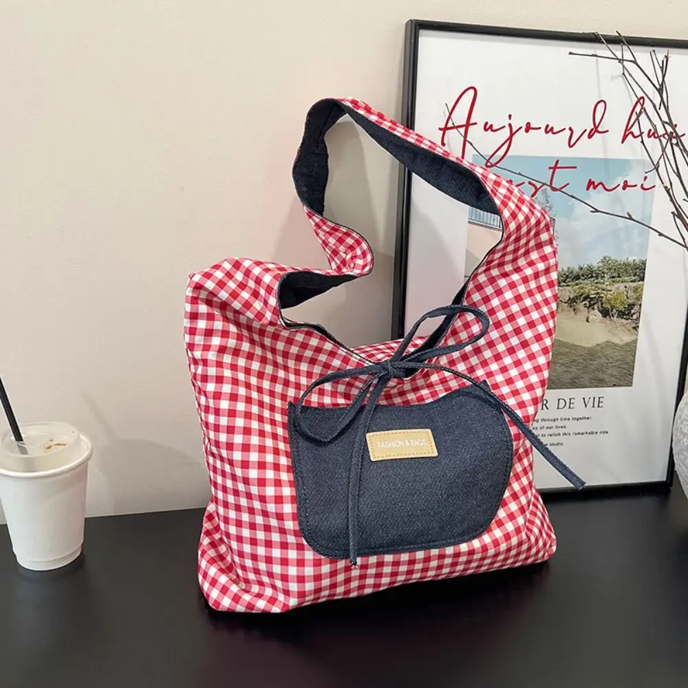 

Lattice Double Sided Plaid Denim Vest Bag Cloth Japanese Style Denim Shoulder Bag Leisure Commuting Canvas Tote Bag Women