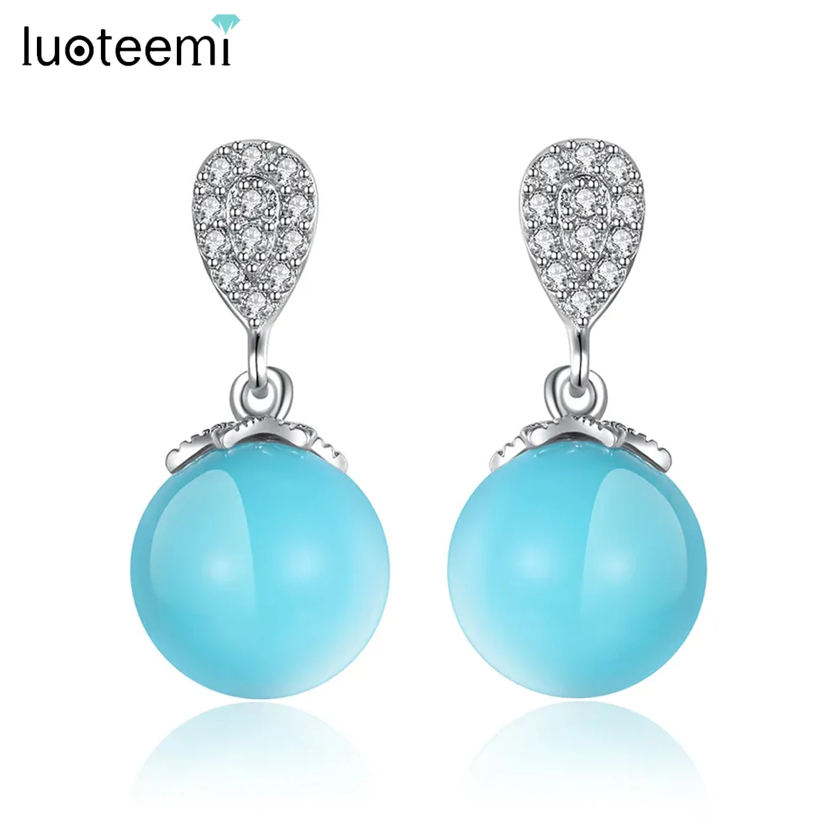 LUOTEEMI Sweet Sky Blue Color Glass Ball Waterdrop Pendant Earrings for Women High Quality Cubic Zirconia Girl Christmas Gifts