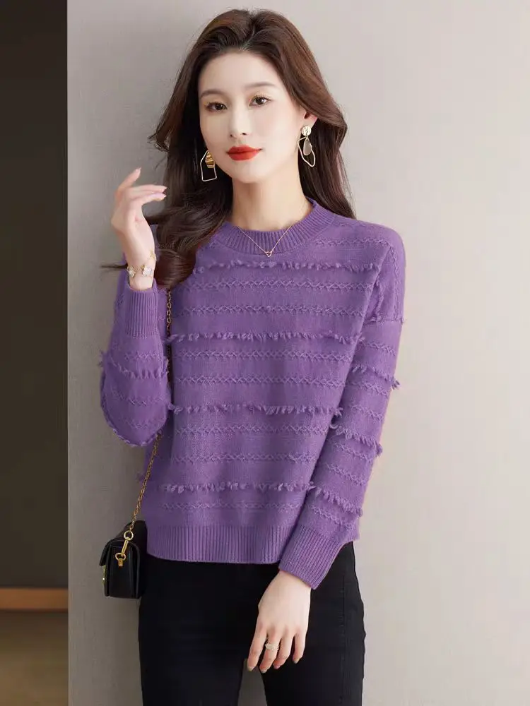 

Модный фиолетовый вязаный свитер, круглый женский топ с колокольчиками, осенне-зимний теплый длинный трикотаж цвета све