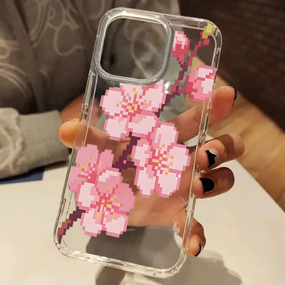 Coque de téléphone transparente à motif Pixel Art Fleur de Cerisier pour iPhone 11 12 13 14 15 16 17 Pro Max Air 14 15 Plus XS X XR en silicone