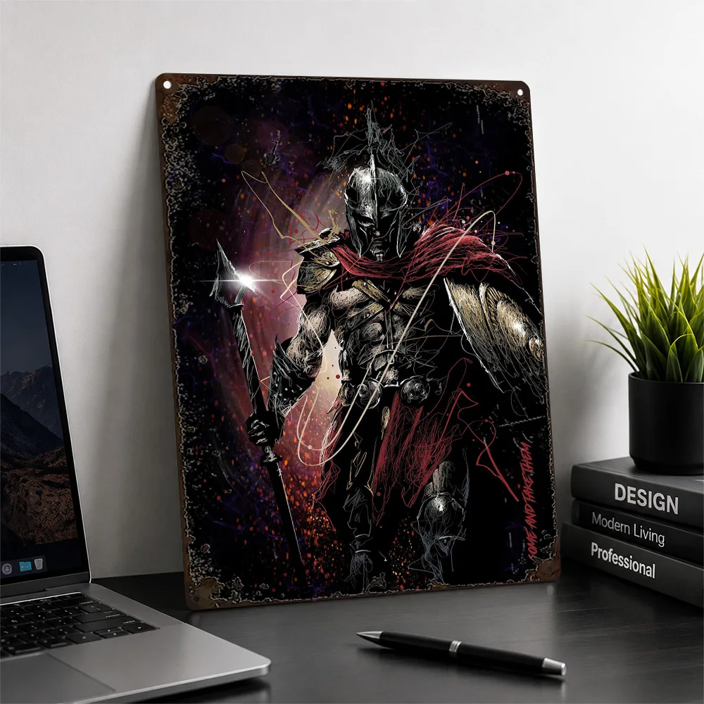 Armored Warrior With Red Cape Textured Metal Poster Scribble Wall Art For Study Personalized Aluminum Sign Fantasy Fan Gift Idea