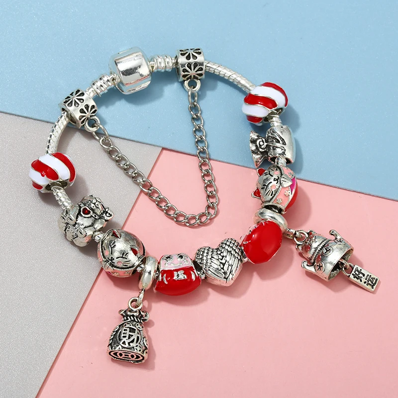 TOGORY Fortune Lucky Series Charm Bracelet With Red Recruit Money Cat Beads Bracelets Bangles For Women Kids Jewelry Gift