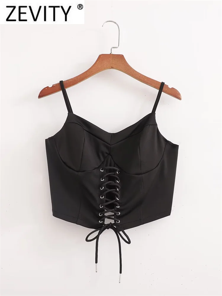 Zevity 2024 Women Chic Bandage Lace Up Knitting Sling Camis Tank Lady Back Zipper Short Strap Crop Shirt Blouse Tops LS7306