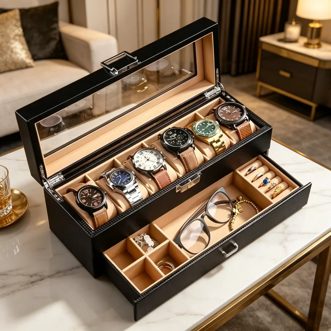 New 2-Tier Wooden Watch Box Drawer Display Case Organizer with Clear Lid Earrings Jewelry Necklaces Storage Gift Showcase Case