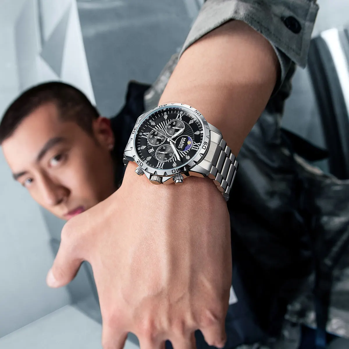 

MARK FAIRWHALE Top Brand Classic Moon Quartz Mens Wristwatch Multifunctional Chronograph Hidden Clasp Waterproof For watch