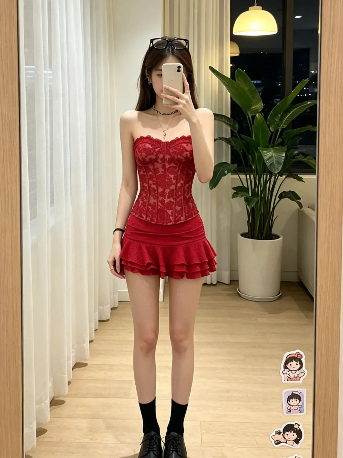

Sexy Summer Lace Fishbone Strapless Bra with Chest Pad Women's A-Line Skirt Short Skirt Set High Waist Short Pants
