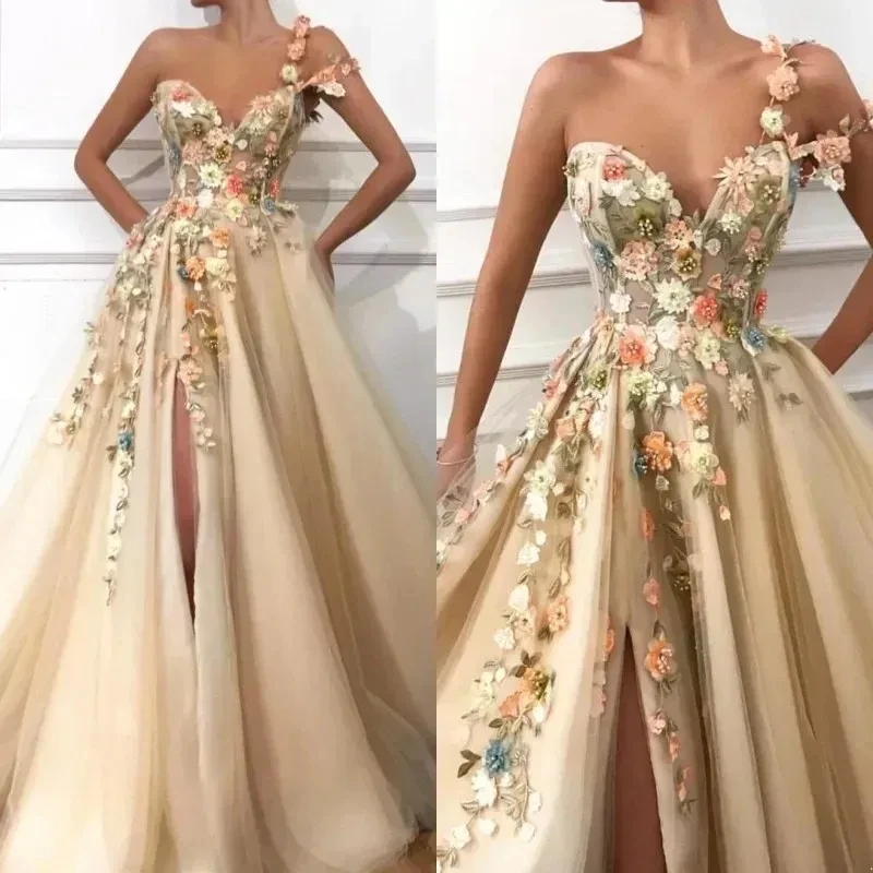 

Sexy Split Flowers One Shoulder A line Tulle Prom Dresses Backless Evening Gowns robe de soirée luxe élégante 2024