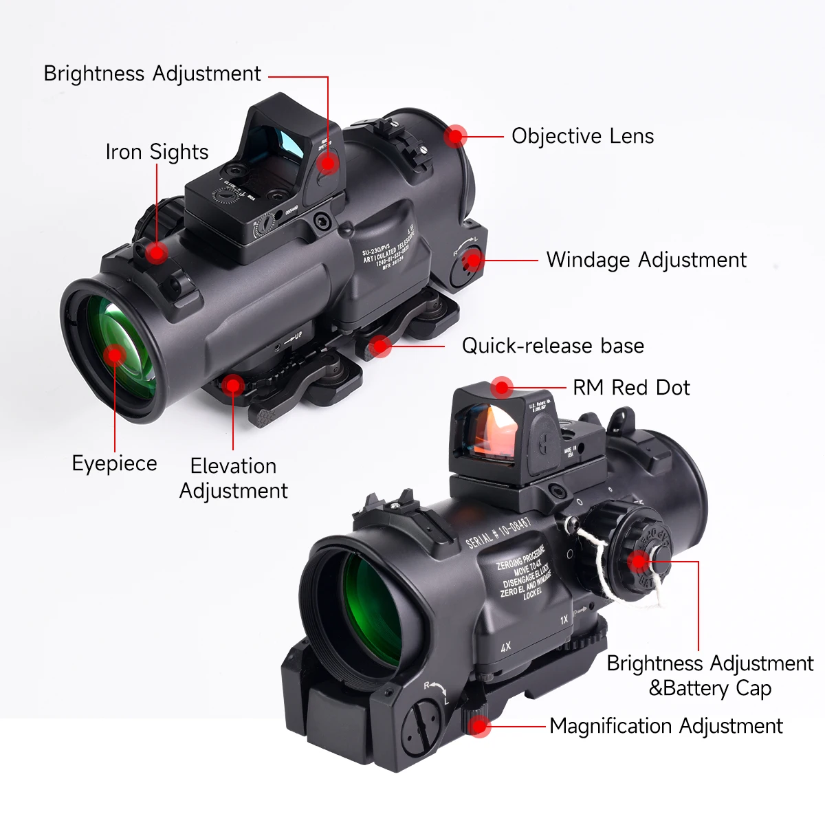 1-4X32FB with Mini Red Dot Scope Tactical Fixed Dual Purpose Scope Quickly Switch Magnification Hunting Optics Viewfinder