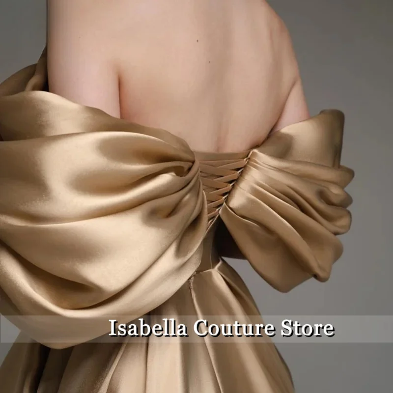 

Champagne Party Dresses A-Line Evening Dress Off the Shoulder Evening Gowns Train Pleats Gala Dress Customized