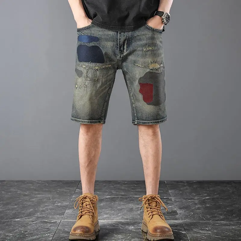 

2023 New Handsome Embroidery Printed Pattern Men's Denim Split Mid pants High Quality Elastic knee length jeans shorts