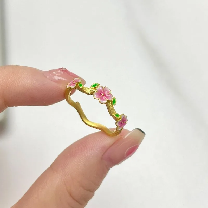 خاتم ذهبي فاخر خفيف على طراز المحكمة ثلاثي الأبعاد على شكل زهرة المينا وزهر الخوخ للنساء، خاتم أنيق قابل للتعديل