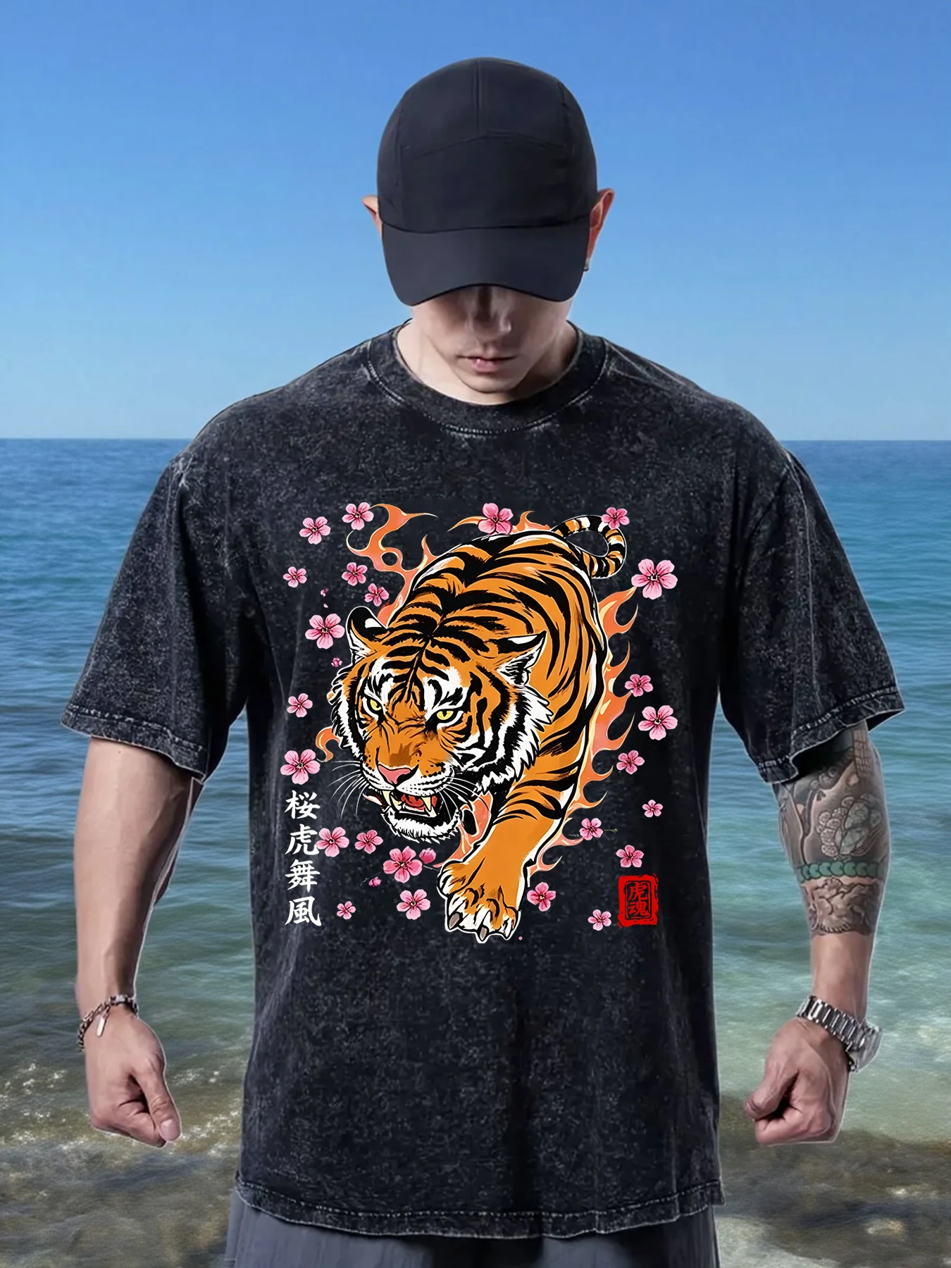 Japanese Cherry Blossom Tiger Print Mens Basic Washed T Shirts Comfy Soft Tees Summer Casual Clothing Fashion Sport T-Shirts