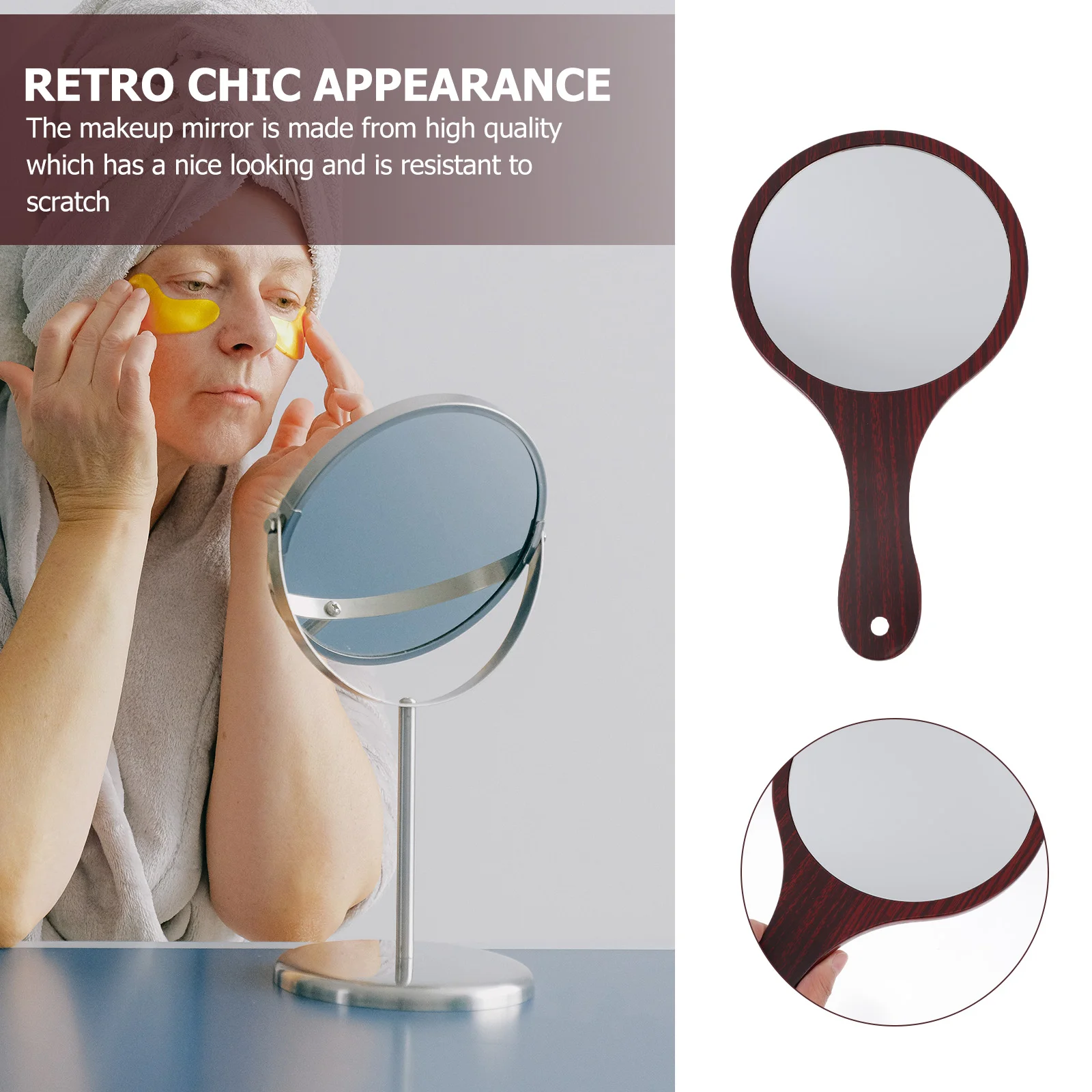 Wooden Handle Vanity Mirror Black Retro Handheld Vintage Women Makeup Silver Simple Beauty Miss