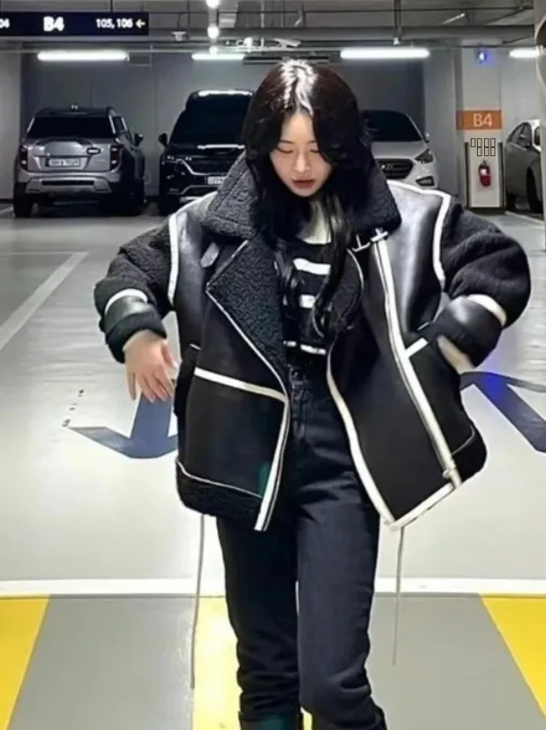 Retro Chic Damen Jaet Winter Thiened Lammfell Biker Sle Wildleder Samtmantel mit Fce Innenschicht Farbe Blo Design