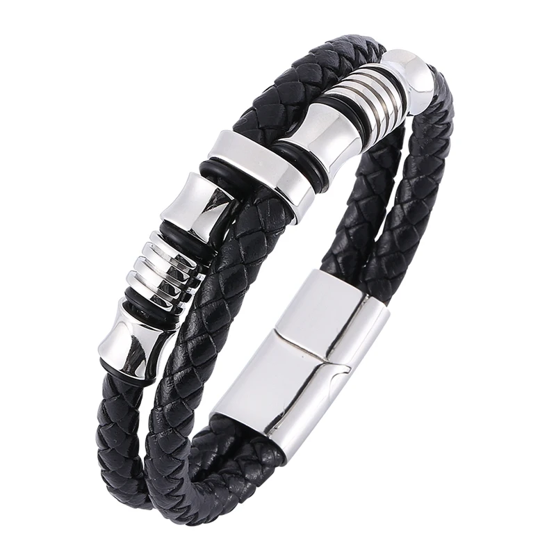 

Fashion Stainless Steel Charm Magnetic Black Men Bracelet Leather Braided Punk Rock Bangle Male Party Jewelry Accessories SP0026