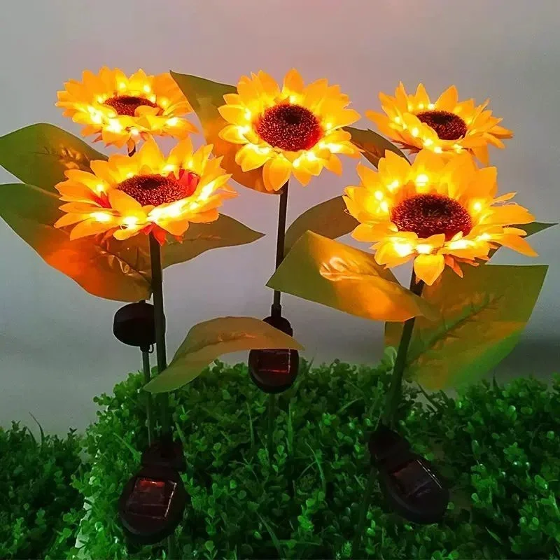 3 Heads Sunflower Solar Lights Outdoor with Sunflower Yellow Flower Lawn Lamp for Home Yard Villa Garden Pathway Decoration