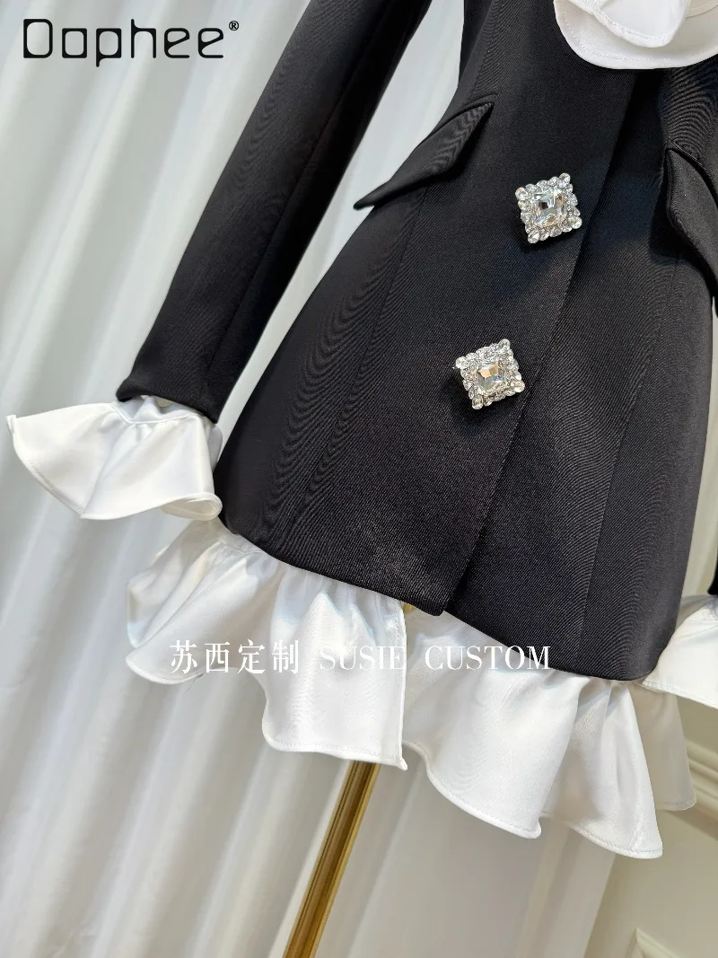 French Hepburn Style Socialite Suit Dress Fashion Detachable Ruffled High End Rhinestone Buttons Slim Patchwork Long Coats
