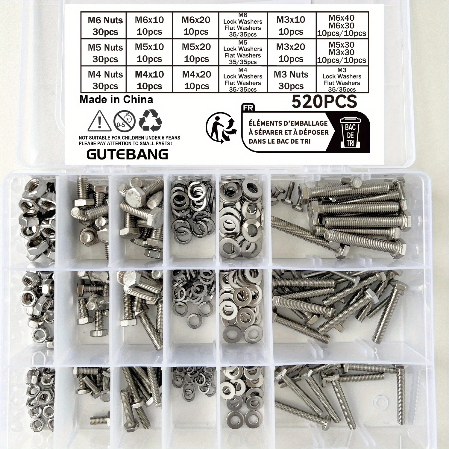 520-Piece Stainless Steel Nut and Bolt Combo Set - Includes M3, M4, M5, M6 - Durable, corrosion-resistant, conveniently packaged